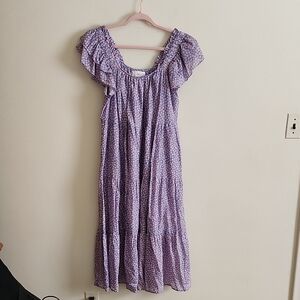 XiRENA Purple Flutter Sleeve Sundress Midi Dress Silk Cotton Blend Ditsy Floral